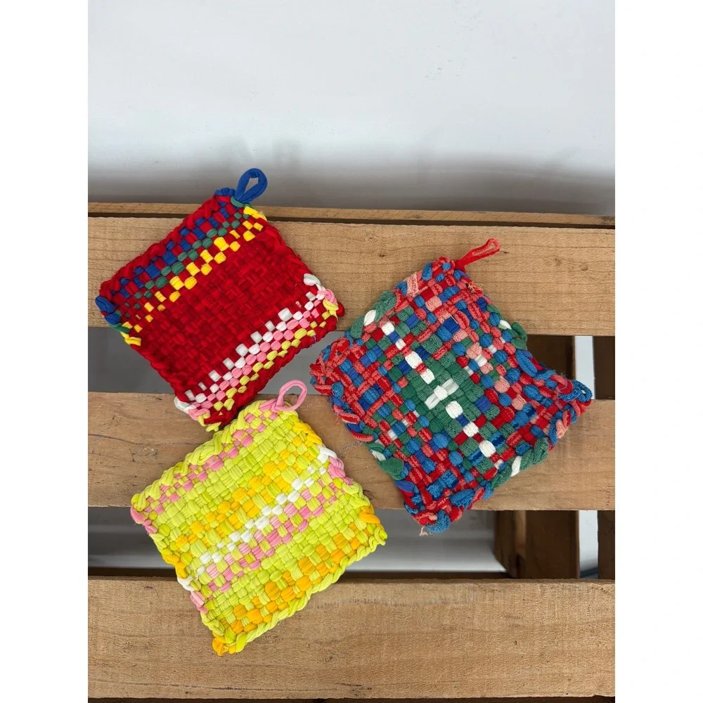 Vintage Handmade Woven Loom Cotton Potholder Set of 3 Cottagecore Boho Kitchen